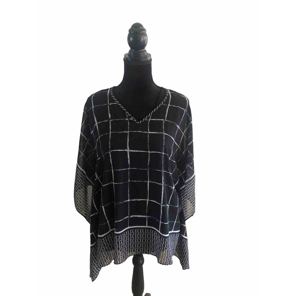 Susan Graver XXS Black White Geometric Sheer Poncho Style Top Chic Preppy